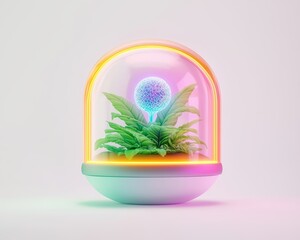 Glowing plant inside a glass dome.