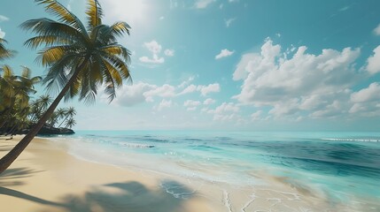 A tropical beach with turquoise waters and palm trees swaying gently in the breeze.