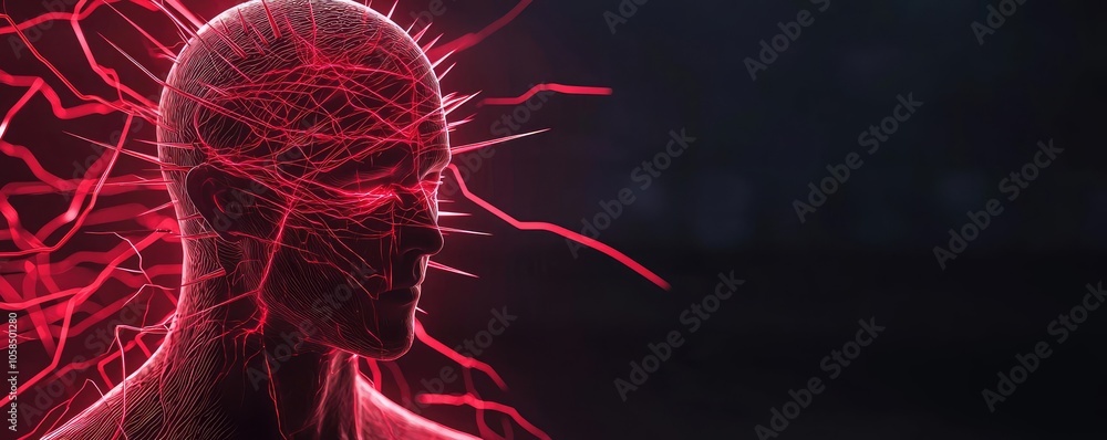 Poster abstract representation of human thoughts with red neural connections.