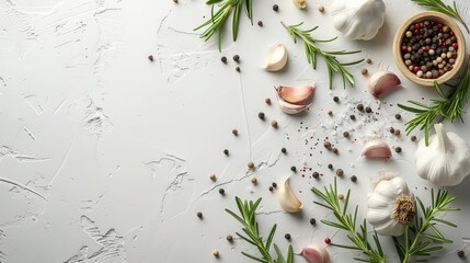 White background with rosemary, garlic, peppercorns, and salt for a culinary theme.