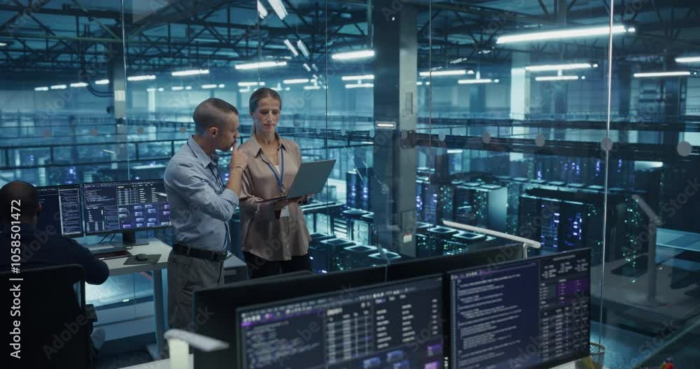 Aufkleber Diverse Team of Engineers Collaborating in a High-tech Data Center, Analyzing Server Performance on a Laptop Computer. Specialists Reviewing System Logs to Ensure Minimal Downtime Across the Network