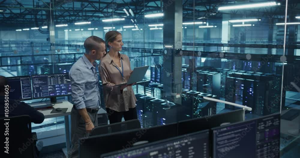 Leinwandbilder Male Network Engineer and Female Data Analyst Collaborate on a Laptop Computer in a Data Center Facility, Optimizing Network Performance to Ensure Seamless Data Flow Across Servers
