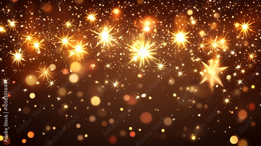 Poster sparkling golden stars and bokeh simple neutral background with free space for design
