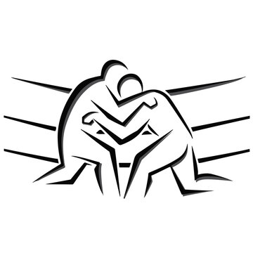 recommend clip art: A refined black-and-white minimalist wrestling logo featuring a stylized outline of two wrestlers in a grappling stance, with smooth, continuous lines emphasizing their strength and movement