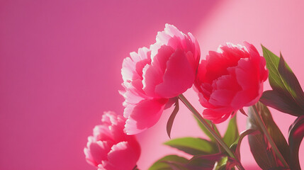 Fototapeta premium Bright pink peonies blooming in sunlight against a vibrant pink backdrop
