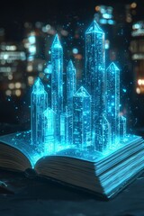 Obraz premium An open book with glowing digital skyscrapers emerging from its pages, representing the fusion of traditional and modern learning styles. 