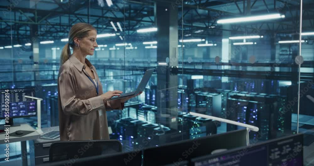 Poster Caucasian Female Data Center Specialist Analyzes Server Performance on a Laptop, Optimizing Network Efficiency in a High-tech Environment. Developer Manages Cybersecurity and System Reliability