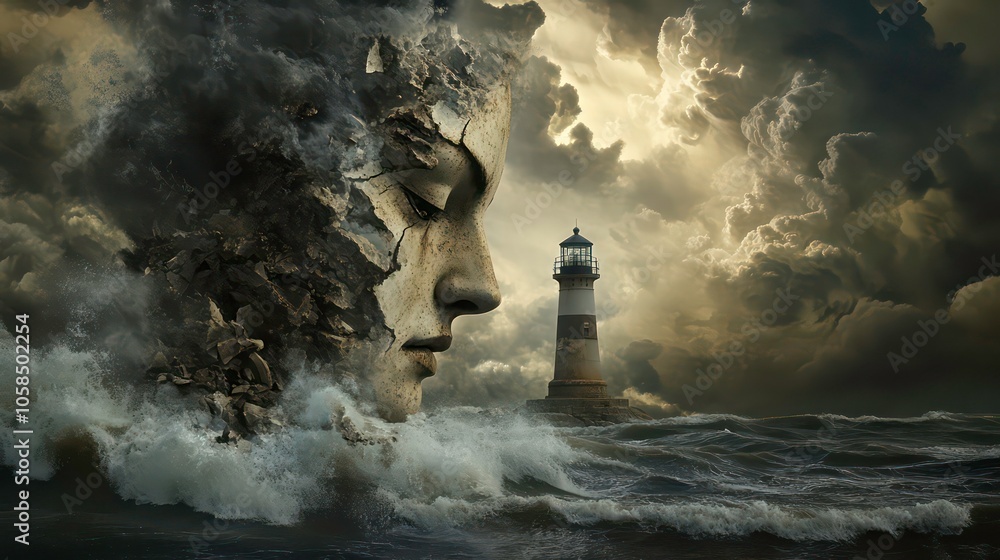 Aufkleber a surreal scene featuring a lighthouse amidst turbulent waves and a giant face emerging from clouds.