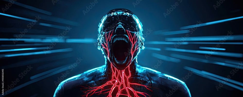 Poster abstract representation of a person expressing intense emotions with glowing elements.
