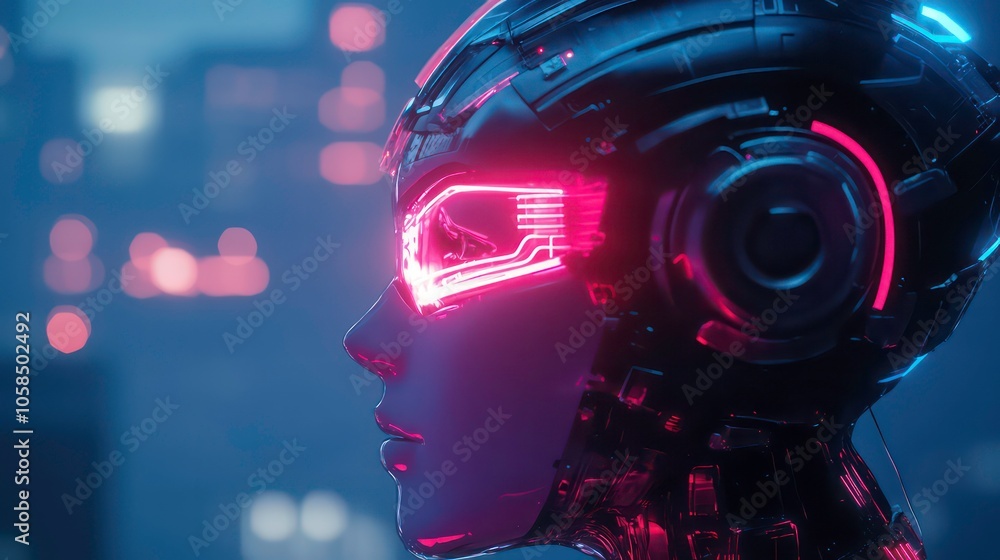 Poster A futuristic robotic head with glowing features in a cyberpunk setting.