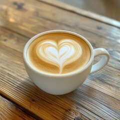 A creamy cappuccino with a heart-shaped foam art, served in a stylish white cup on a wooden table, Cappuccino centered