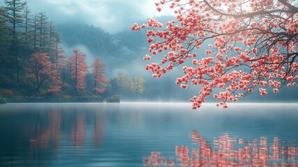 Coral flowers on foggy lake in the morning or evening, perfect for serene nature-themed banners with ample space for text related to travel or tourism