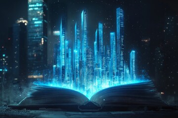 An open book with glowing digital skyscrapers emerging from its pages, representing the fusion of traditional and modern learning styles. 