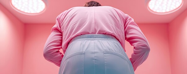 Person in pink attire viewed from behind in a pink room with bright lighting.