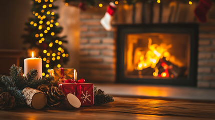 Cozy Christmas Scene with Decorated Tree and Fireplace. A warm and inviting Christmas setting featuring a decorated tree, flickering fireplace, and beautifully wrapped gifts.