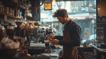 Man Making Coffee in a Modern Coffee Shop Studio, Morning Routine, European