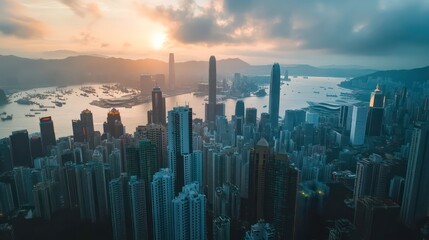 Fototapeta premium A panoramic view of a city skyline during sunset, showcasing skyscrapers and water.