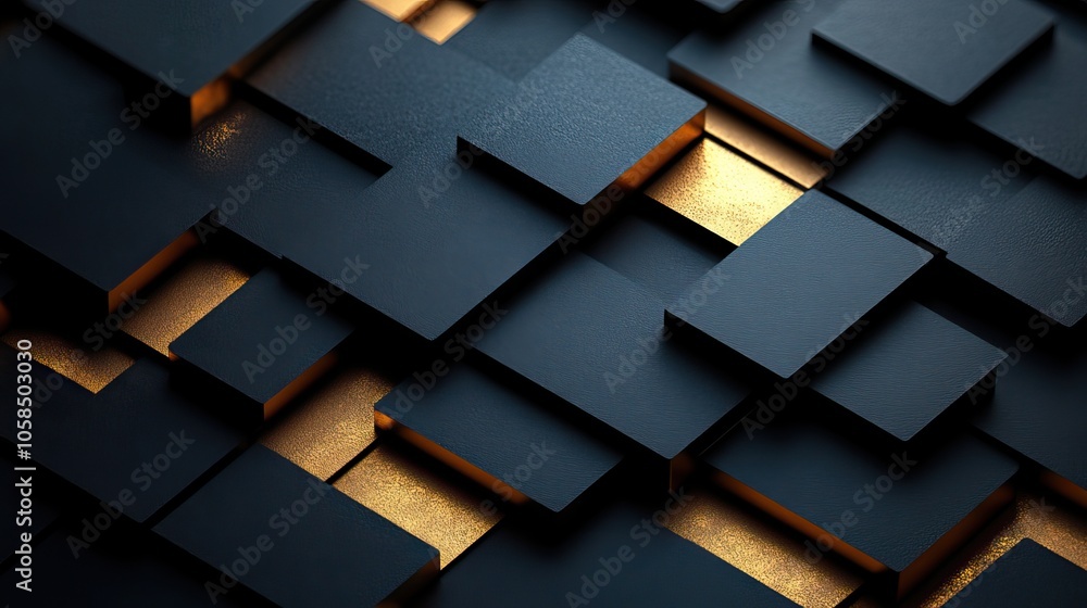 Poster dark background with golden lines in geometric pattern, featuring dark blue and black color scheme