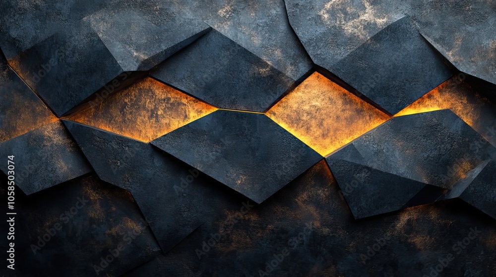Poster dark background with golden lines in geometric pattern, featuring dark blue and black color scheme