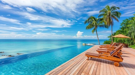 Beautiful poolside and exotic beach with sea background in sunny day, AI generated image