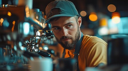 Man Making Coffee in a Modern Coffee Shop Studio, Morning Routine, European