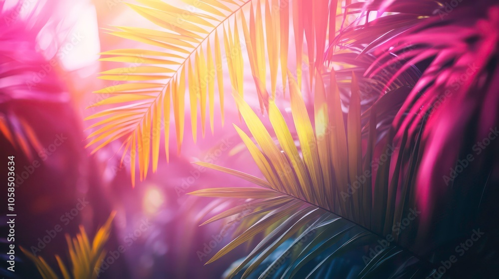 Poster lush green palm leaves illuminated by soft light, creating a serene tropical atmosphere.