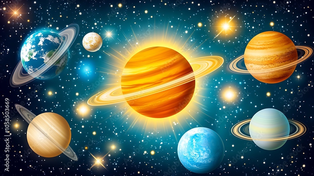 Poster solar system planets and stars illustration plain textured background for web design and copy