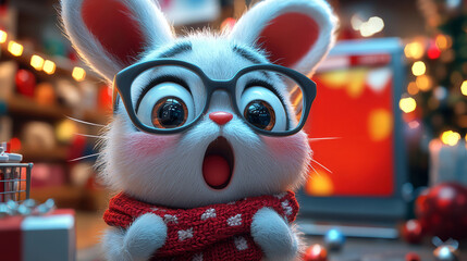 3D Cartoon Rabbit in Glasses and Red Scarf Surprised by 11.11 Sale Discount