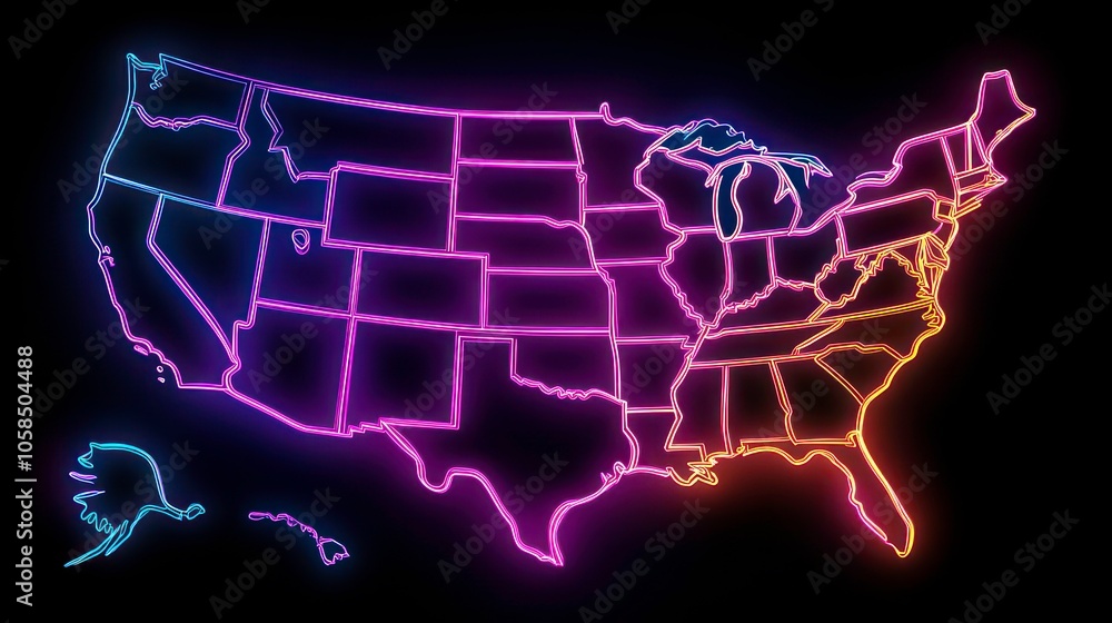 Poster the vibrant neon outline of the united states maps is set against a dark background to symbolize ene