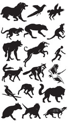 Collection of running animal silhouettes , black silhouettes isolated on white background
