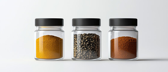 photo realistic of three small glass jars filled with different spices