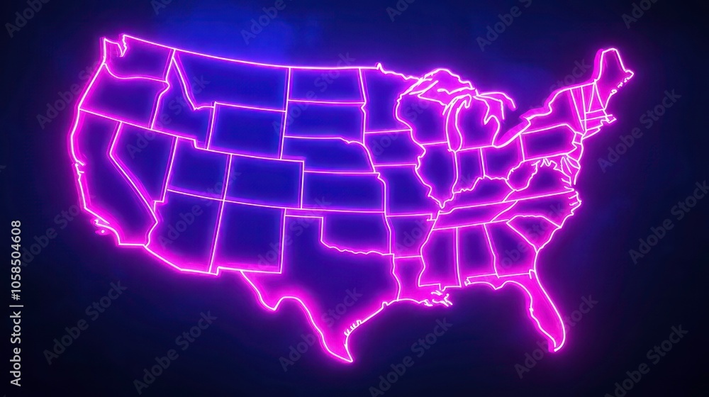 Poster the vibrant neon outline of the united states maps is set against a dark background to symbolize ene