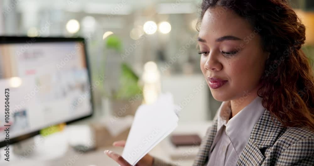 Aufkleber computer, documents and reading with business woman at desk in office for editing of internet magazi