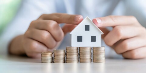 A conceptual image showcasing a house model balanced on stacks of coins, symbolizing real estate investment and financial growth.