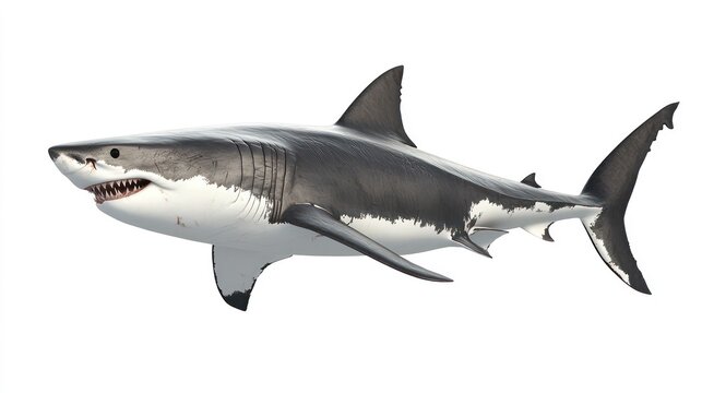 A 3D rendering of a great white shark swimming gracefully in the ocean.