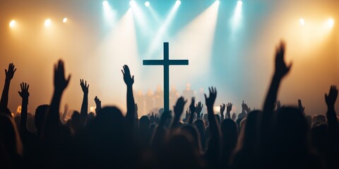 Worshippers raise their hands in praise, creating an atmosphere of faith and devotion in the church, where a congregation gathers around the cross in unity and celebration of Christianity.