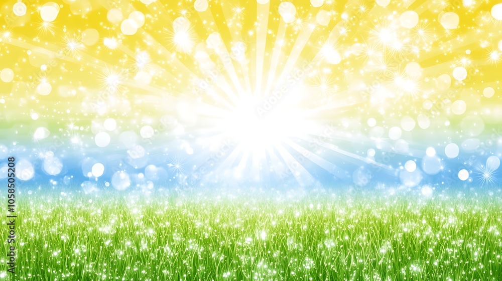 Poster abstract sunburst on green field plain textured background for web design and copy