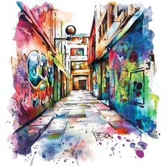 Fototapeta premium watercolor painting of a colorful street art mural on an alley wall, on isolated white background