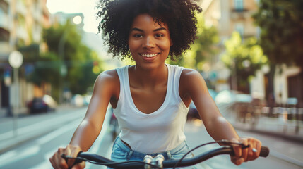 Obraz premium Happy cheerful young african woman riding a bicycle in the city, cyclist moving along the street
