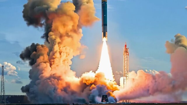 Rocket lifts off from launch pad and rises into clear blue sky. Space Exploration mission concept. Take off of spaceship. Cosmic spacecraft journey. Wonderful spaceflight start. Moon trip achievement.