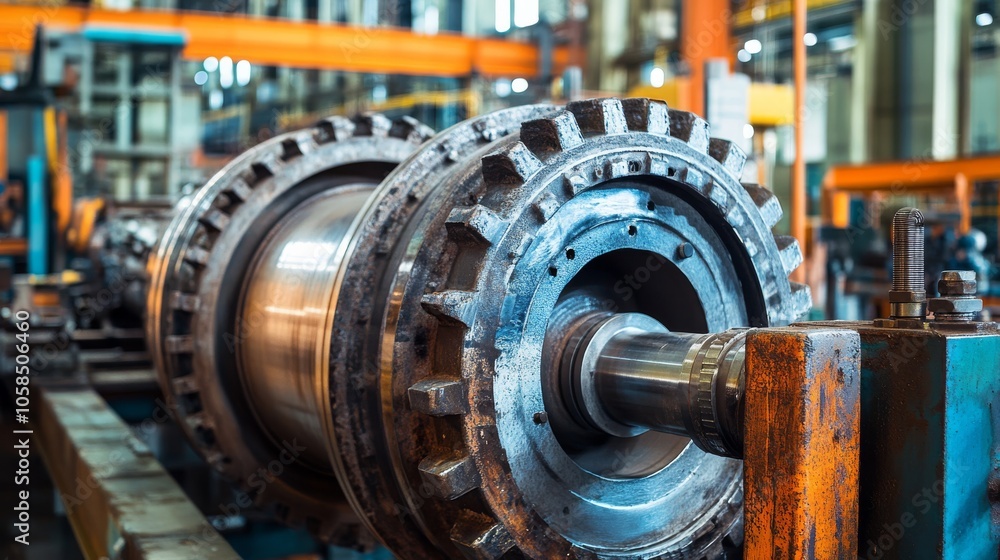 Poster a close-up view of a large industrial machine component, showcasing intricate gears and metallic sur