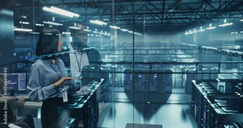 Poster Male DevOps Engineer and Female IT Consultant Work on a Laptop Computer, Standing in an Office Above the Supercomputer with Server Cluster, Developing Automation Scripts for Artificial Intelligence