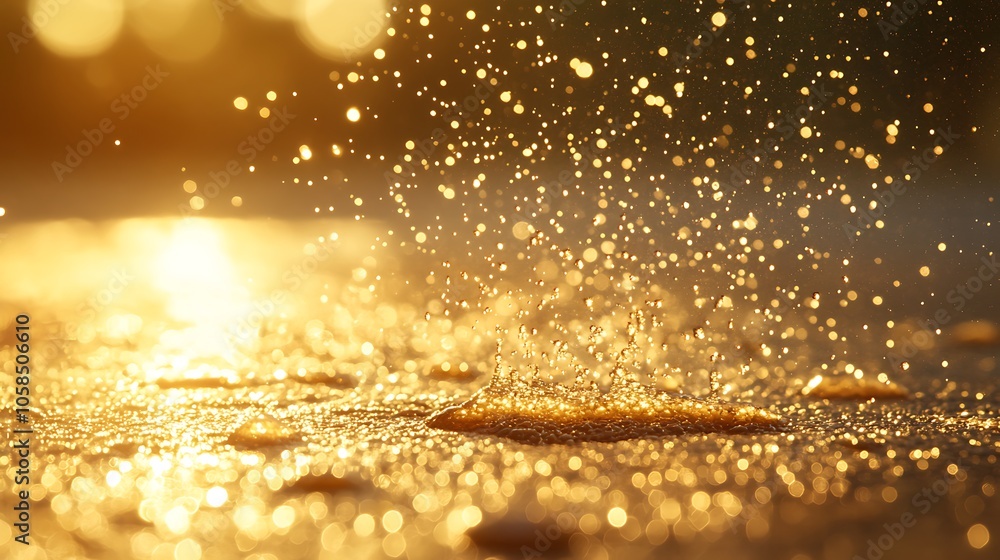 Poster golden water droplets splashing clean blank canvas with empty space for designs