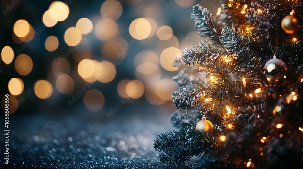 Poster sparkling christmas tree with warm bokeh lights. a beautifully decorated christmas tree adorned with