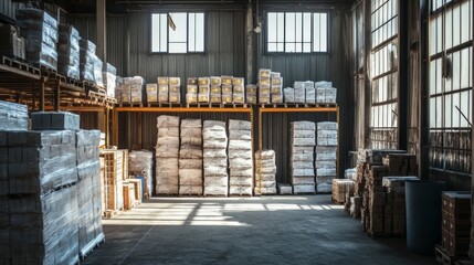 A spacious warehouse interior showcasing stacked pallets and natural light filtering through large windows.