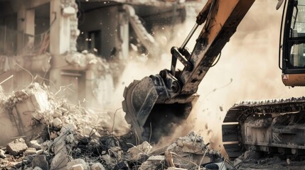 Fototapeta premium Demolition Excavator Crushing Concrete Building