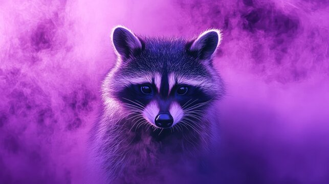 A graphic design print of a raccoon on a vibrant purple background emerges through the fog. This fashionable vector illustration captures the essence of creativity with ample copy space.