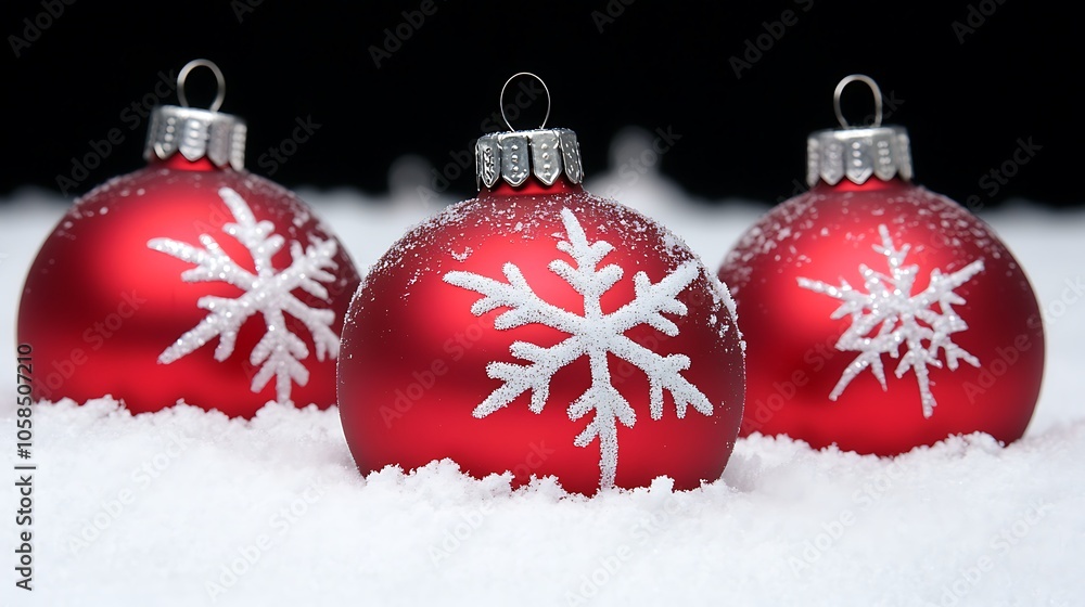 Poster red christmas ornaments on snow plain textured background for web design and copy