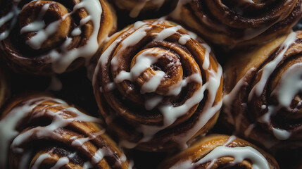 Freshly Baked Cinnamon Rolls Drizzled With Icing, Shot From Above, Focusing on Their Soft, Sticky Texture