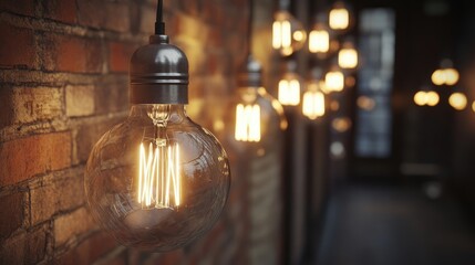 Obraz premium Warm and inviting atmosphere created by light bulbs illuminating the scene, enhancing the cozy ambiance with their glowing presence and inviting charm. Photo space available for text.
